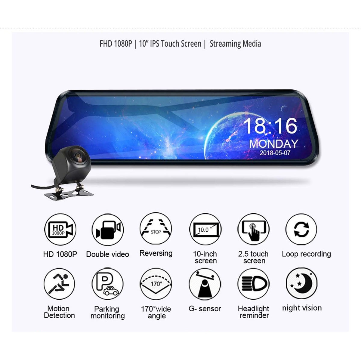 10" Touch Screen Dash Cam with reverse Camera