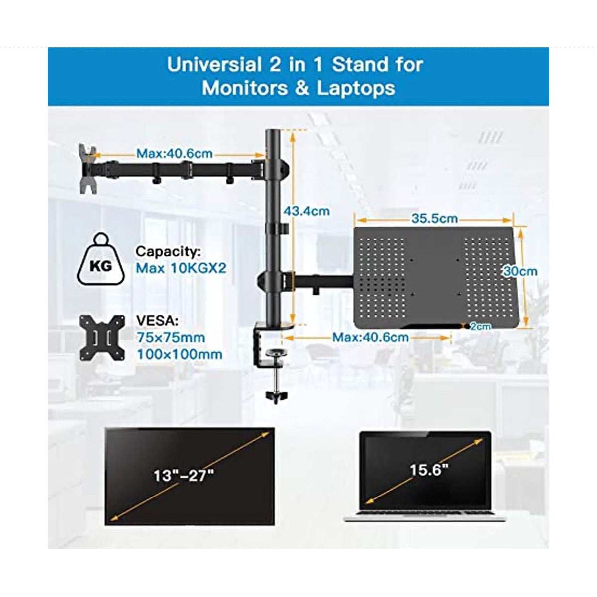 2 in 1 Adjustable Dual Monitor Stand Arms With Laptop Tray