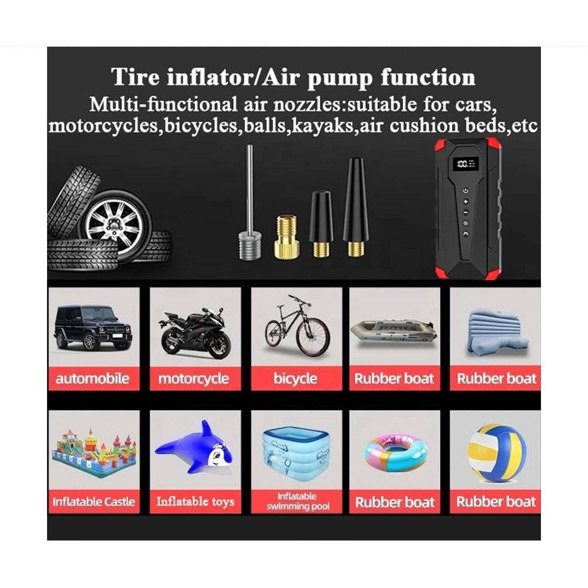 4 in 1 Portable Jump Starter with Tire Air Pump & Lighting